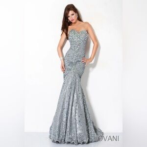 Jovani 4260 Strapless Mermaid Rhinestone Beaded Prom Dress Silver Evening Gown 8